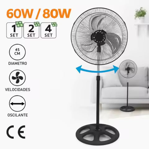 Ventilateur sur Pied Silencieux 80W - 3 Vitesses, Oscillation, 45cm, Puissant & Efficace