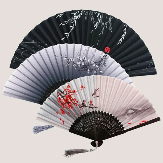 Éventail Pliant Vintage en Bambou pour Femme - Style Chinois & Japonais avec Pompon Coloré
