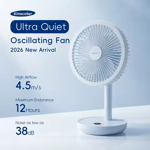 Ventilateur de Bureau KINSCOTER Oscilllant Intelligent USB Rechargeable 5 Vitesses - Silencieux & Angle Réglable