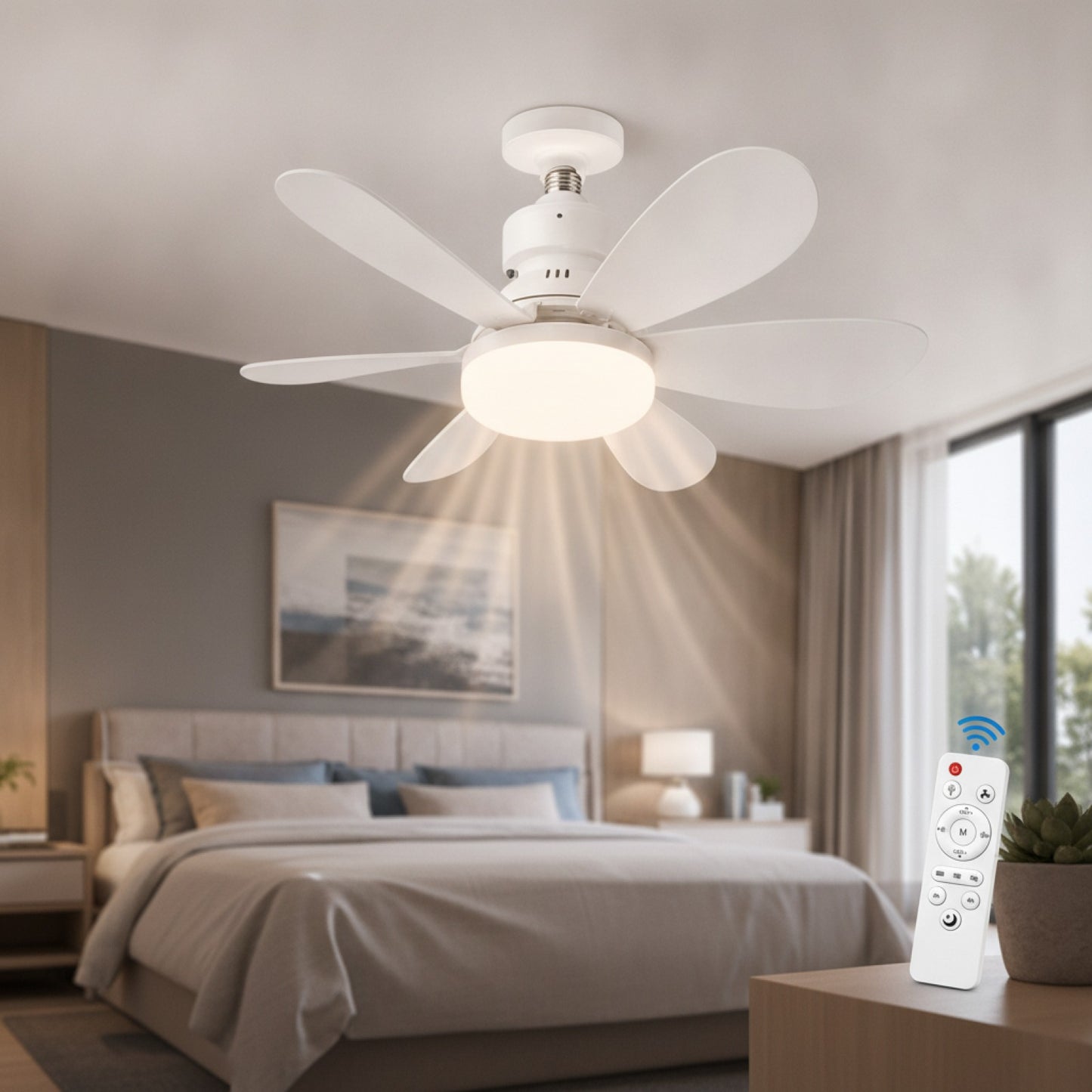 Ventilateur de Plafond LED E27 avec Télécommande - 3 Couleurs Réglables (3000K-6500K)